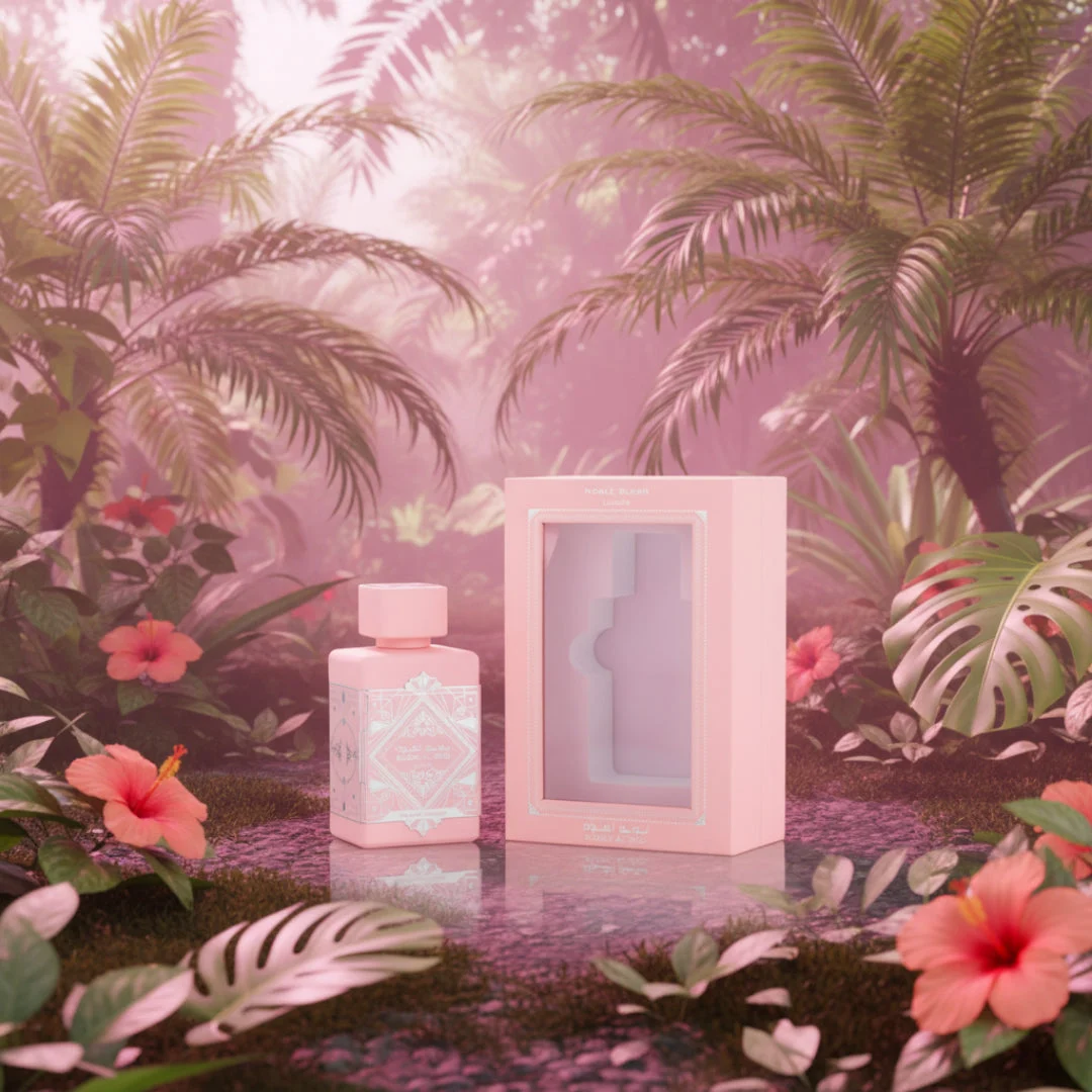 Badee Al Oud Noble Blush Lattafa pink tropical background flowers palm trees packaging