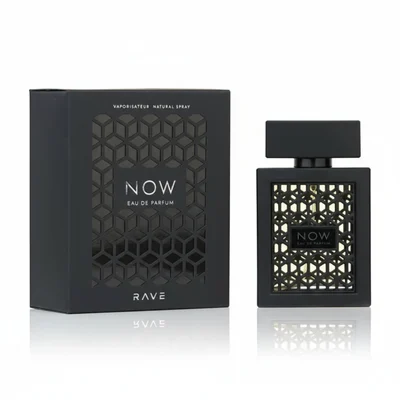 Now Rave Lattafa edp black packaging white background closeup side view