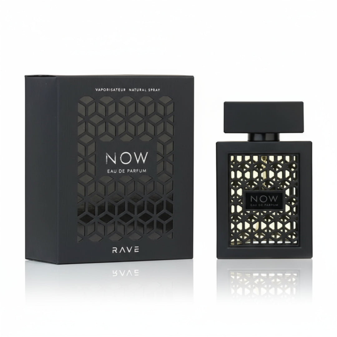 Now Rave Lattafa edp black packaging white background closeup side view