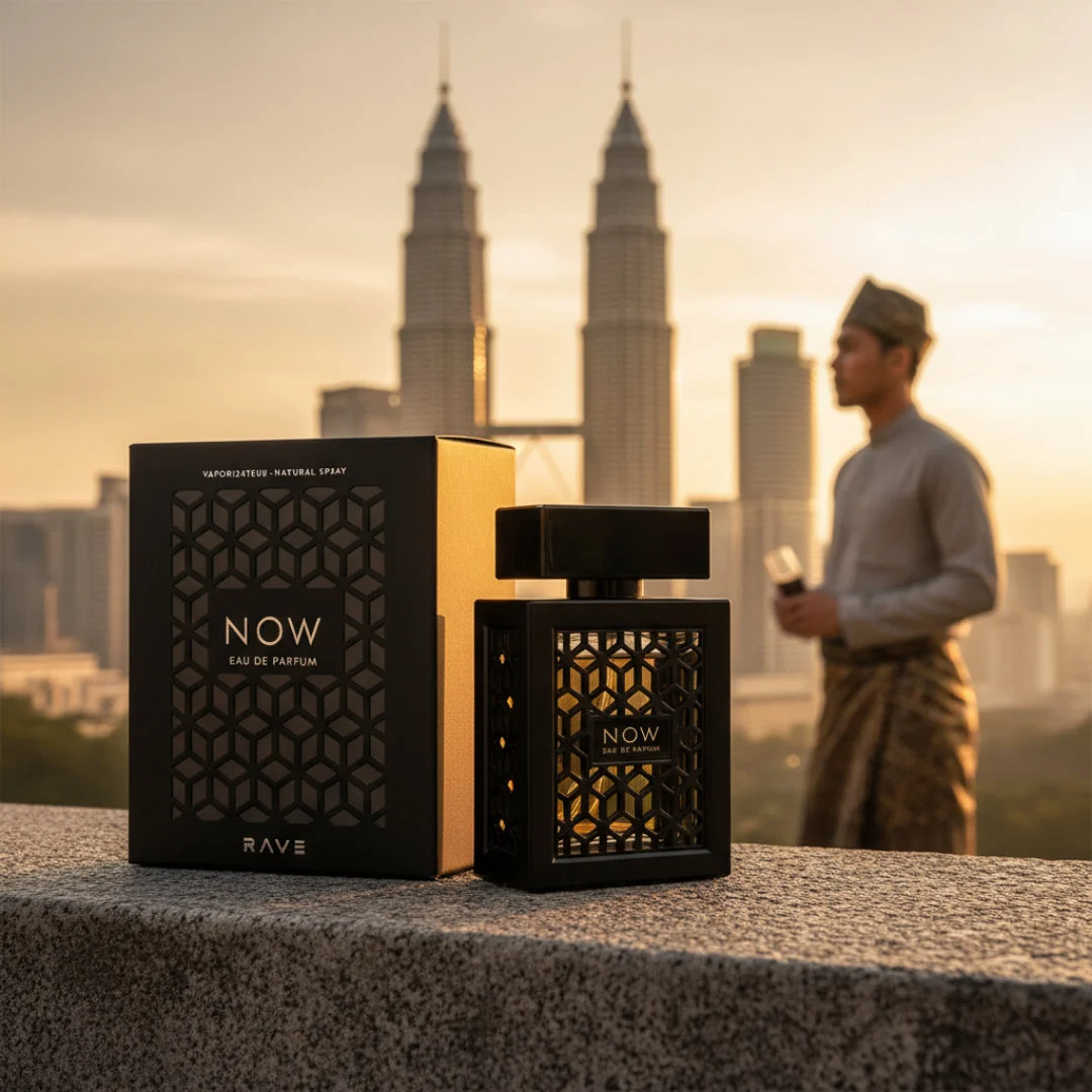 Now Rave Lattafa cologne black packaging ledge overlooking cityscape sunset Malaysia