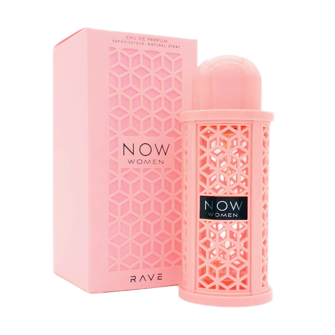 Now Women Rave Lattafa edp pink geometric patterned cylindrical container standing beside