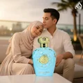 Opulent Dubai Lattafa perfume on table couple background beach setting evening blue