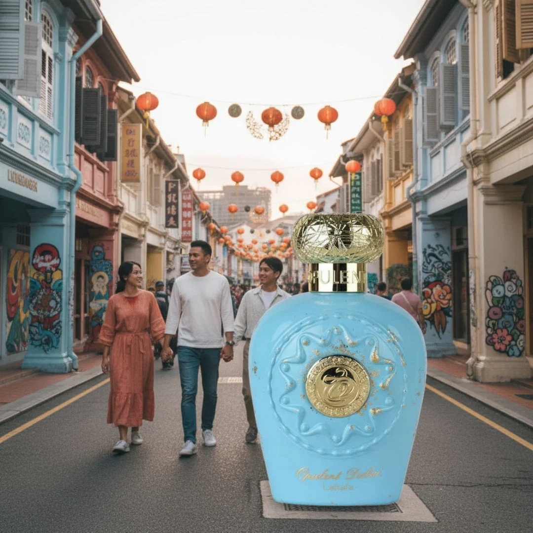 Opulent Dubai Lattafa unisex fragrance blue elegant street scene colourful buildings lanterns