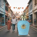 Opulent Dubai Lattafa unisex fragrance blue elegant street scene colourful buildings lanterns