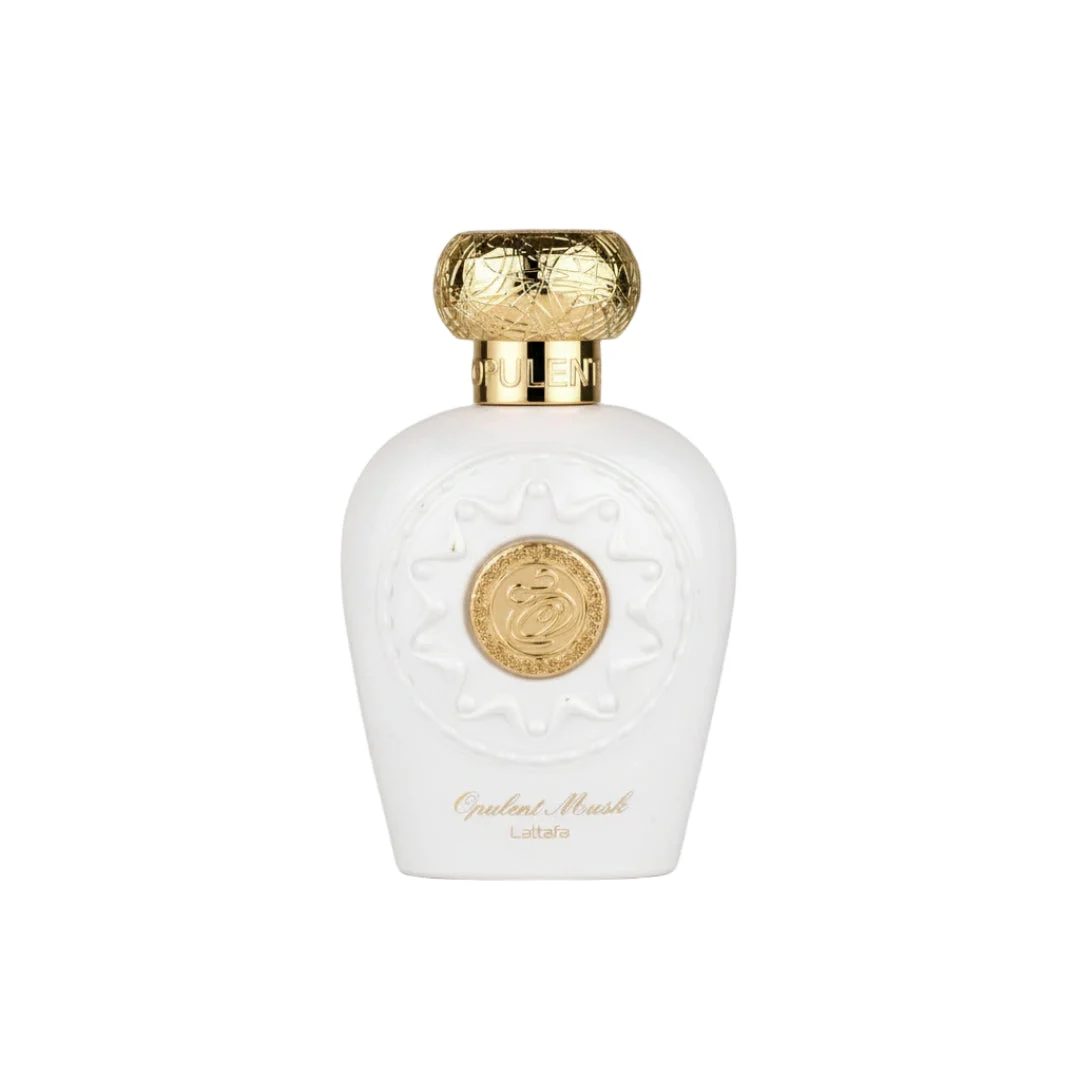 Opulent Musk Lattafa white perfume bottle gold cap closeup front side minimalist