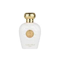 Opulent Musk Lattafa white perfume bottle gold cap closeup front side minimalist