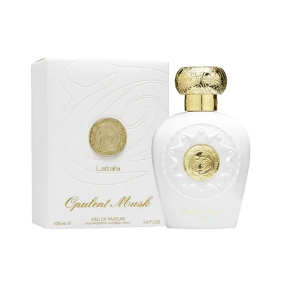 Opulent Musk Lattafa unisex edp pembungkusan putih emas dekat sudut sisi