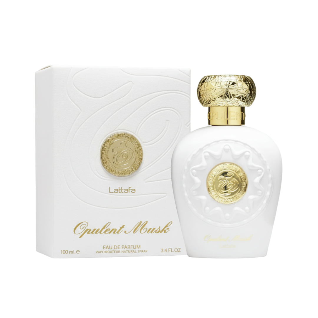 Opulent Musk Lattafa unisex edp pembungkusan putih emas dekat sudut sisi