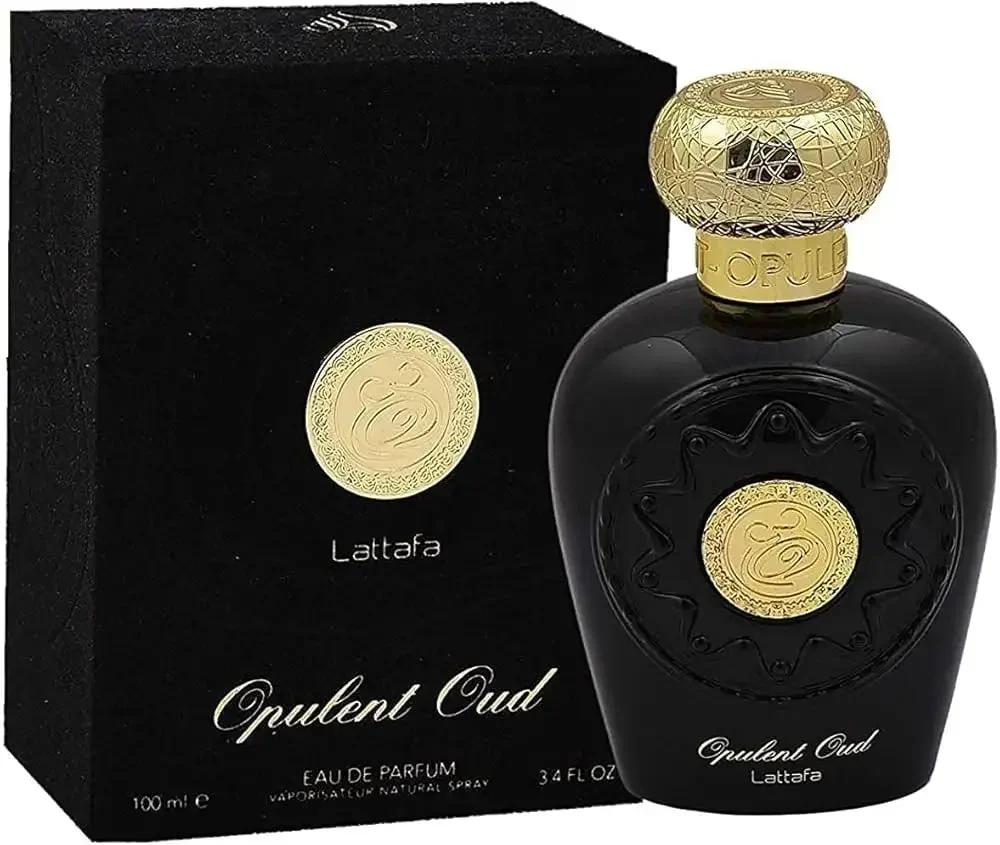 Opulent Oud Black Lattafa unisex fragrance bottle next gift box view