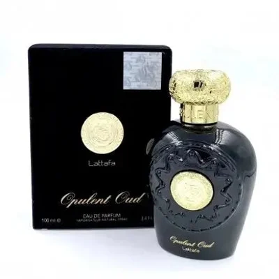 Opulent Oud Black Lattafa unisex edp fragrance sleek dark glass packaging closeup front