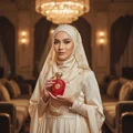 Woman in hijab holding Opulent Red Lattafa unisex fragrance elegant interior background