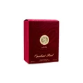 Opulent Red Lattafa red velvet packaging white background closeup corner angled view