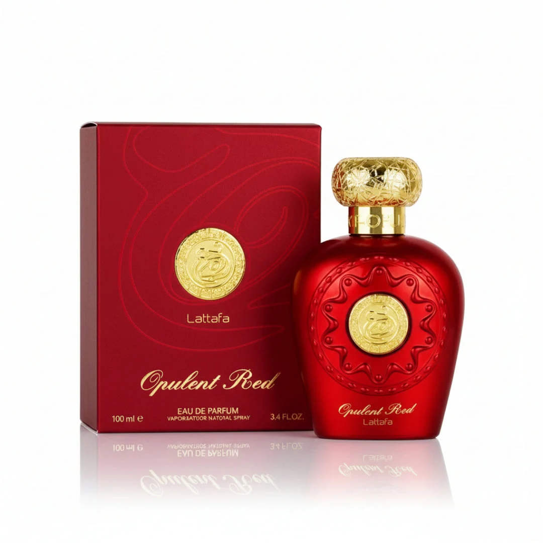 Opulent Red Lattafa unisex fragrance gold capped glass perfume bottles packaging