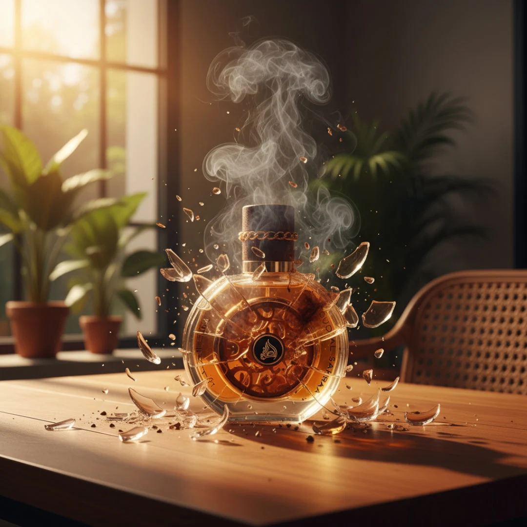 Oud Al Sahraa Lattafa unisex fragrance broken glass wooden table indoor smoke