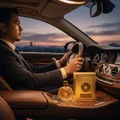Man in suit driving car sunset beside Oud Al Sahraa Lattafa products inside