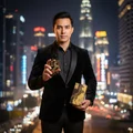 Man in black suit holding Oud Lail Maleki Lattafa fragrance night city background