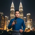 Man in blue shirt holding Oud Lail Maleki Lattafa fragrance night cityscape KL