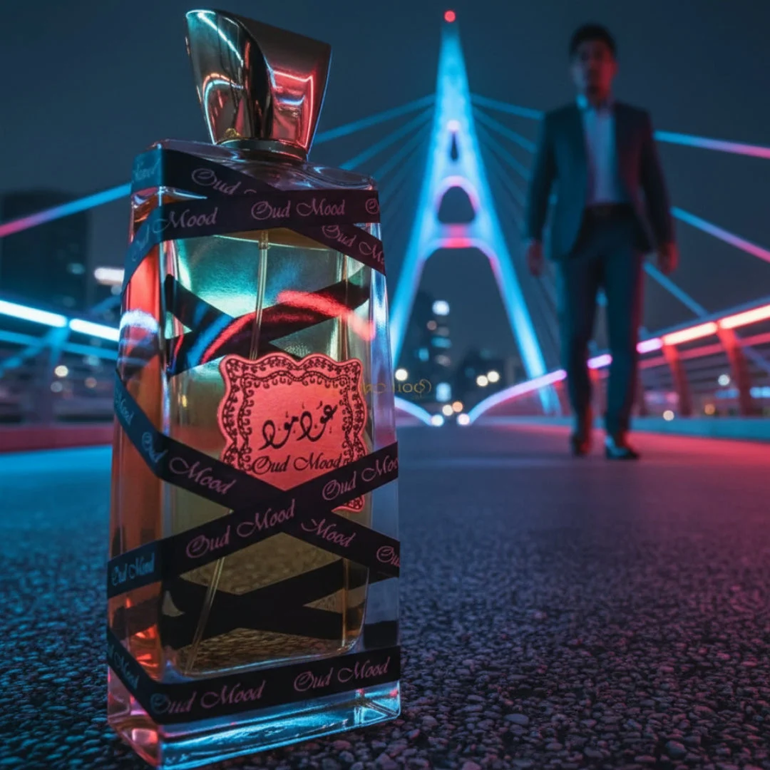 Oud Mood Lattafa unisex edp glass bottle night city neon colorful