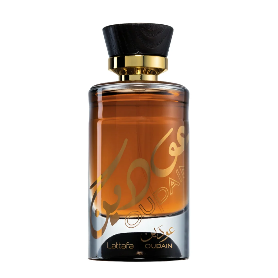 Oudain Lattafa men fragrance brown glass amber liquid elegant style bottle