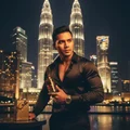 Man holding Oudain Lattafa perfume at night kuala lumpur city skyline building