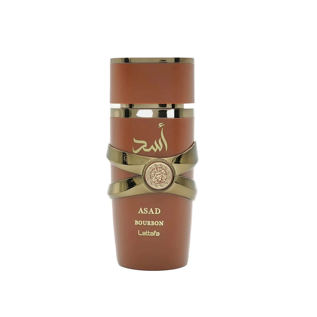 Asad Bourbon Lattafa edp brown cylindrical men fragrance spray closeup front view