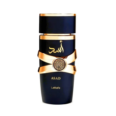 Asad Lattafa edp black gold bottle ornament white background
