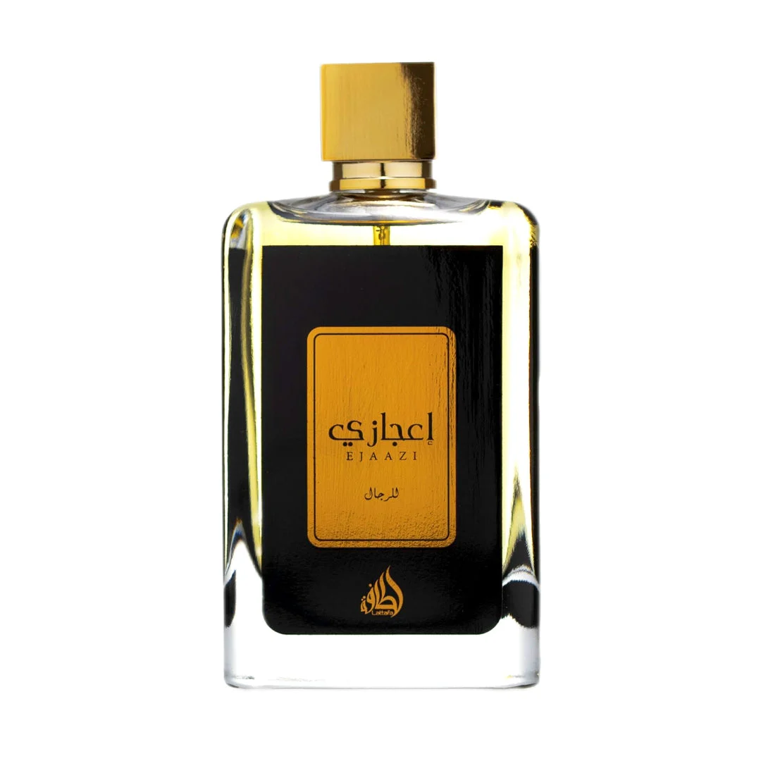 Ejaazi Lattafa front clear glass rectangular men cologne golden cap