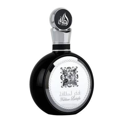 Fakhar Silver Lattafa edp men sleek black round glass bottles closeup view