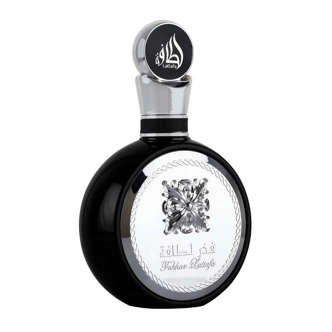 Fakhar Silver Lattafa edp men sleek black round glass bottles closeup view