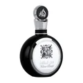 Fakhar Silver Lattafa edp men sleek black round glass bottles closeup view