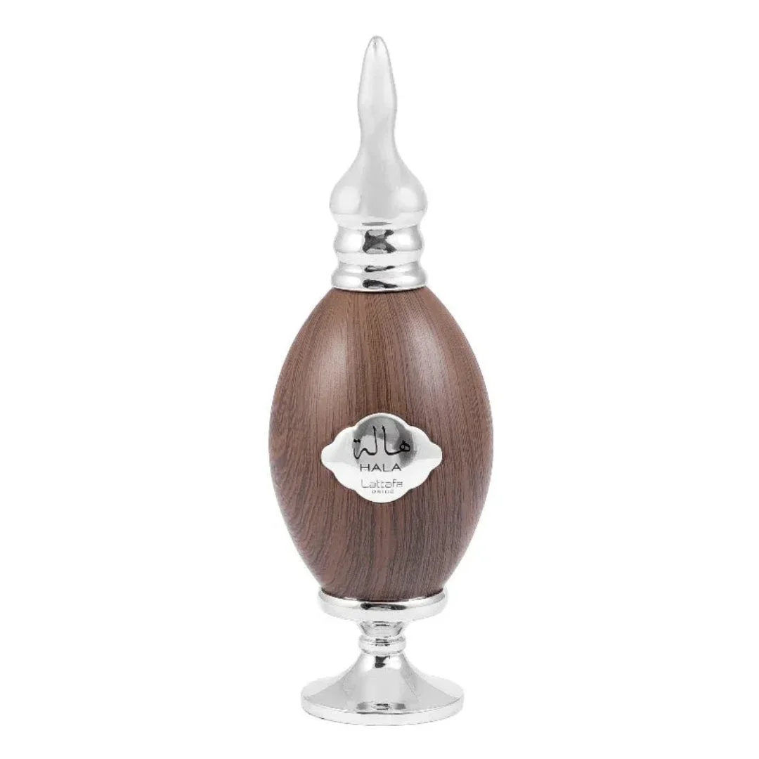 Hala Lattafa edp brown wooden bottle silver cap closeup front white background