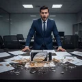 Man in suit at broken Najdia Lattafa perfume office table surrounded papers glass