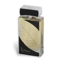 Najdia Lattafa men fragrance sleek glass rectangular transparent yellow liquid black leaf silver