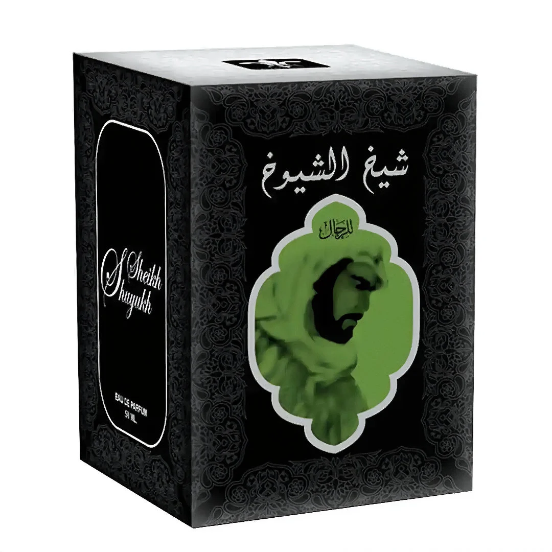 Lattafa sheikh al shaykh black giftbox closeup on white background side view slightly angled right