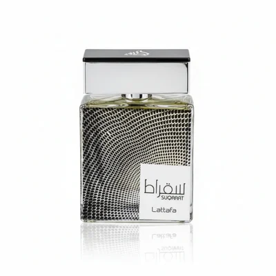 Suqraat Lattafa edp men fragrance sleek black dotted glass square shaped bottles