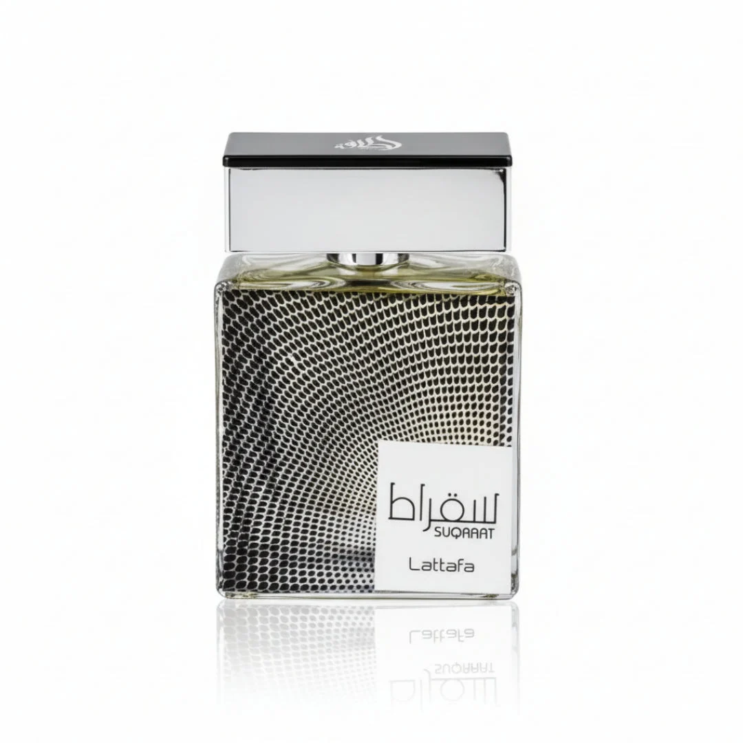 Suqraat Lattafa edp men fragrance sleek black dotted glass square shaped bottles