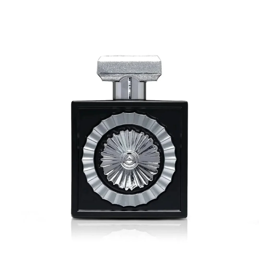 Wajood Lattafa eau de parfum black bottle silver ornament minimalist white light reflection
