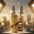 Oud Mood Lattafa unisex edp on table overlooking kuala lumpur cityscape