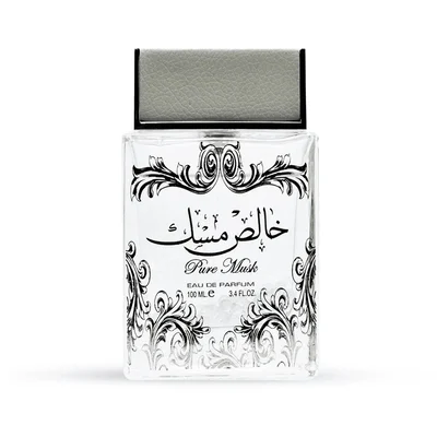 Pure Musk Lattafa edp kaca jernih bentuk segi empat rekaan hitam classy