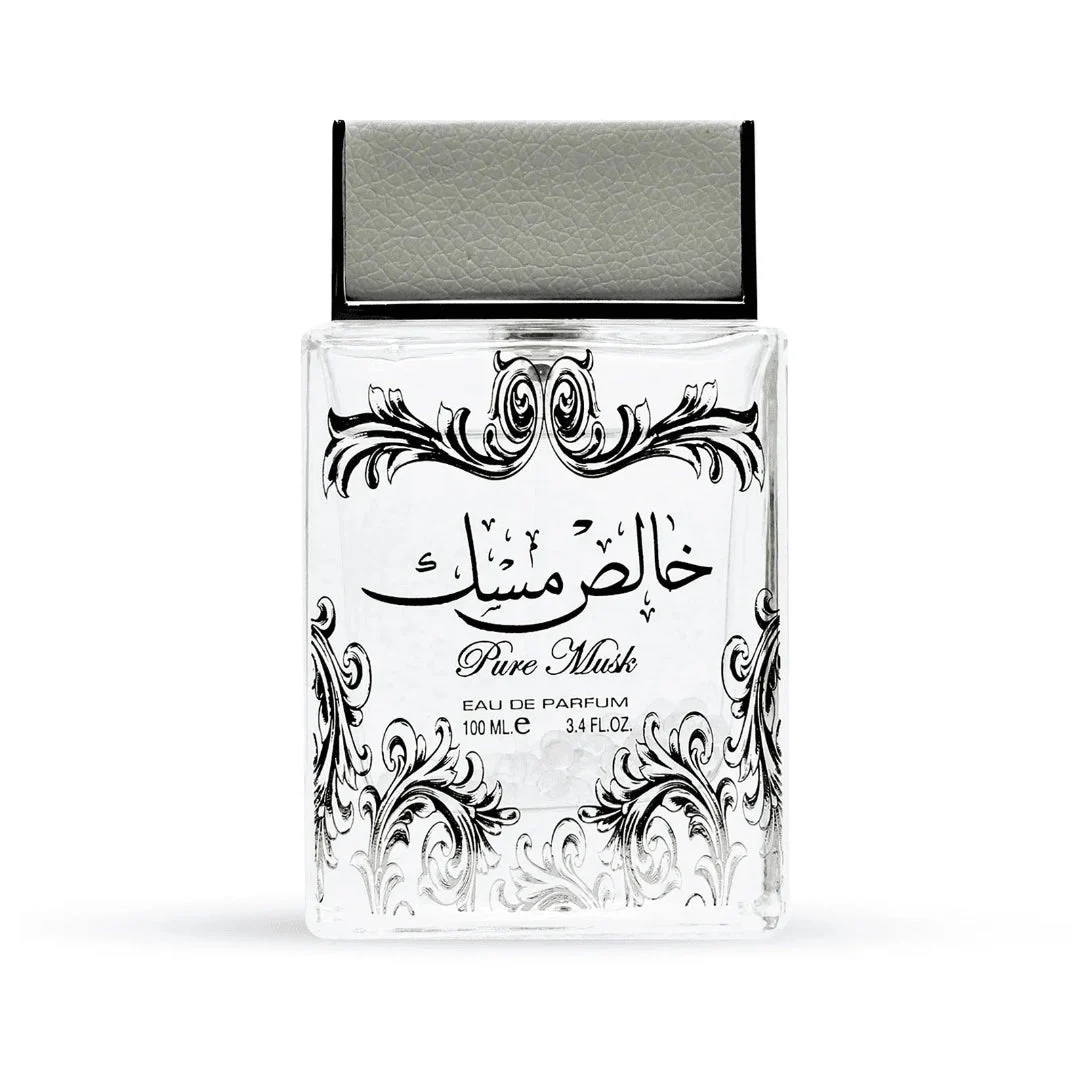Pure Musk Lattafa edp clear glass square shaped elegant black design