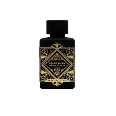 Badee Al Oud for Glory Lattafa black rectangular spray gold design white background front