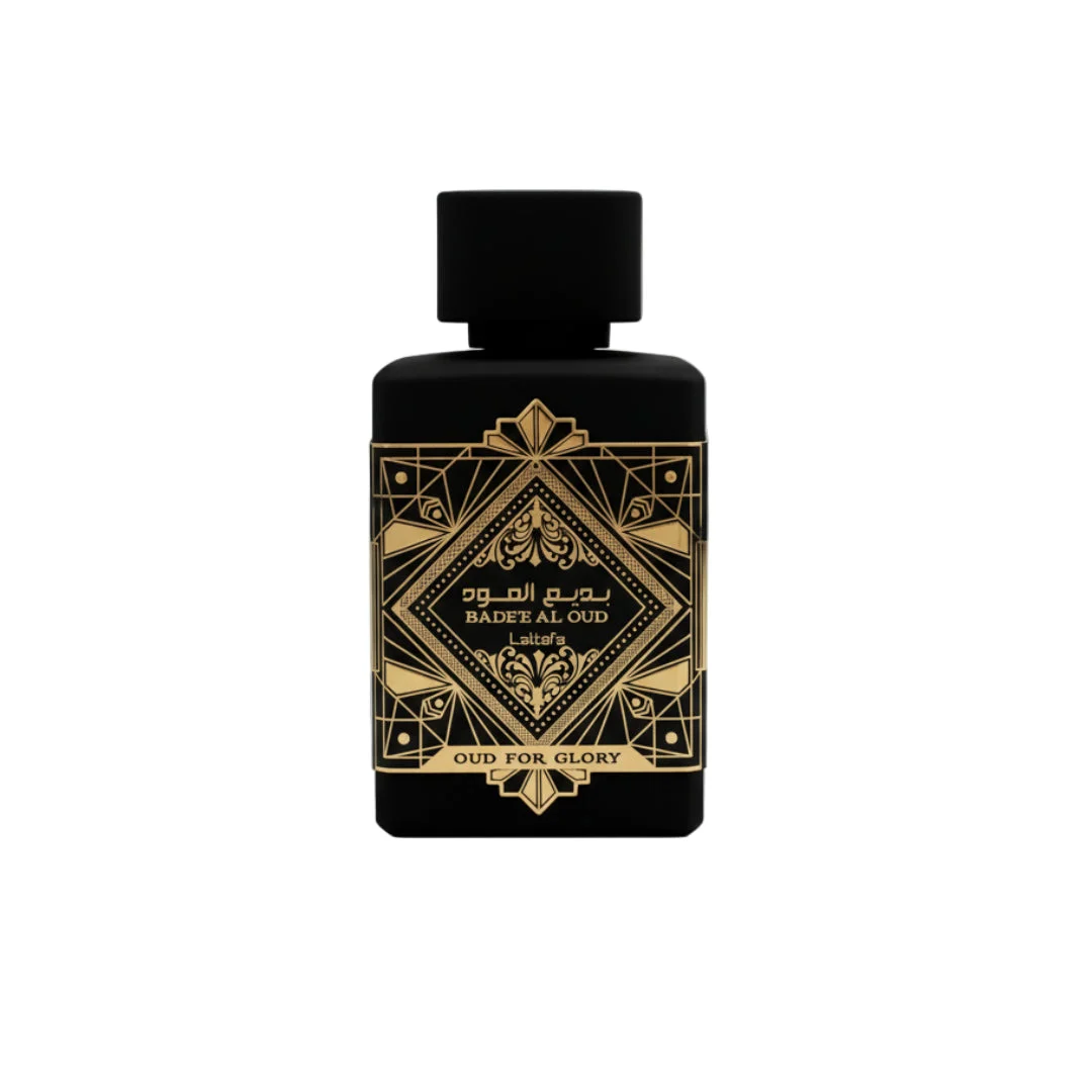 Badee Al Oud for Glory Lattafa black rectangular spray gold design white background front