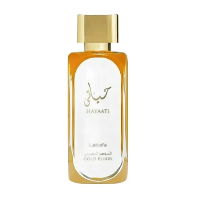 Hayaati Gold Elixir Lattafa unisex fragrance bottle white background closeup front