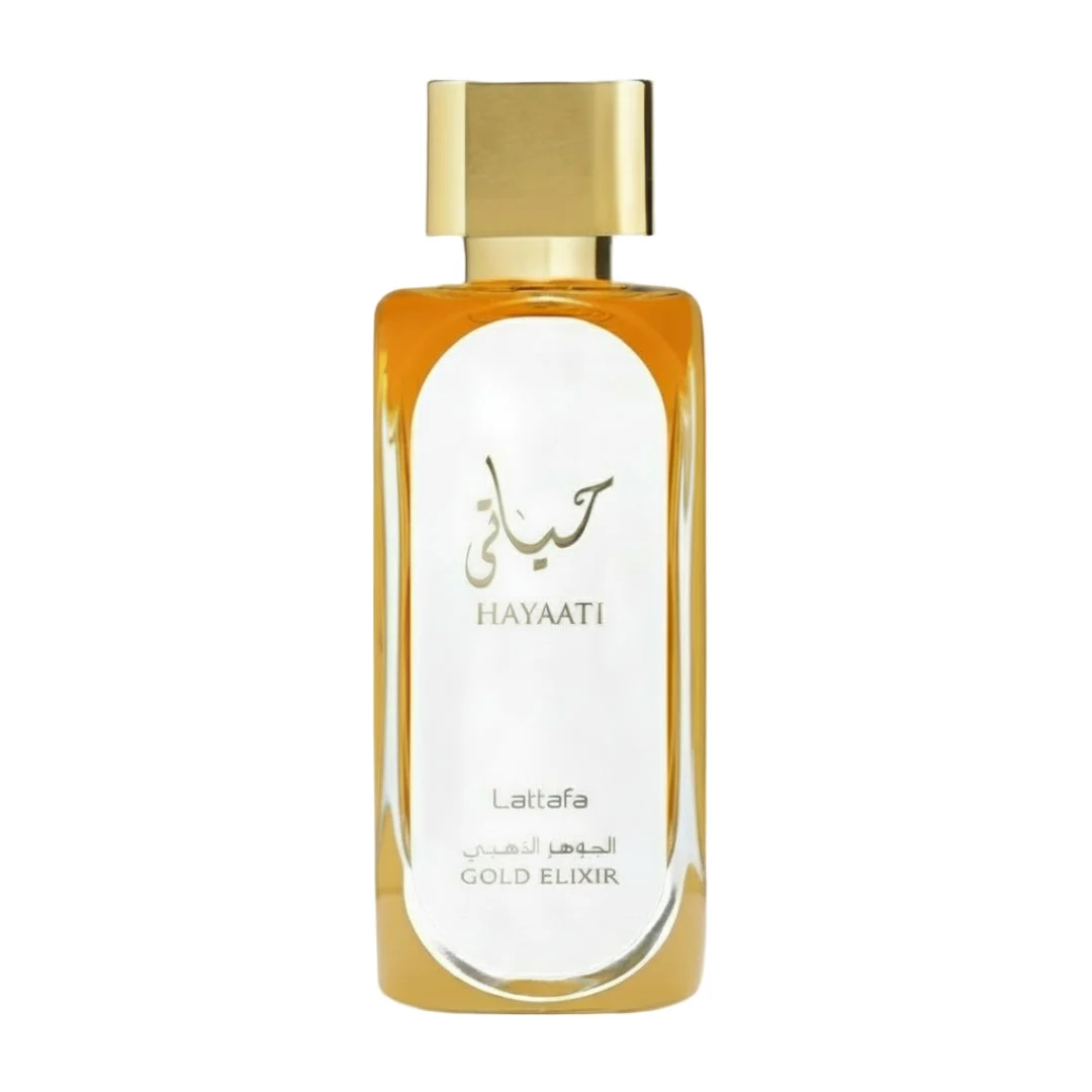 Hayaati Gold Elixir Lattafa unisex fragrance bottle white background closeup front