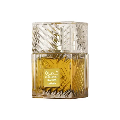 Khamrah Qahwa Lattafa unisex edp crystal glass liquid closeup front view