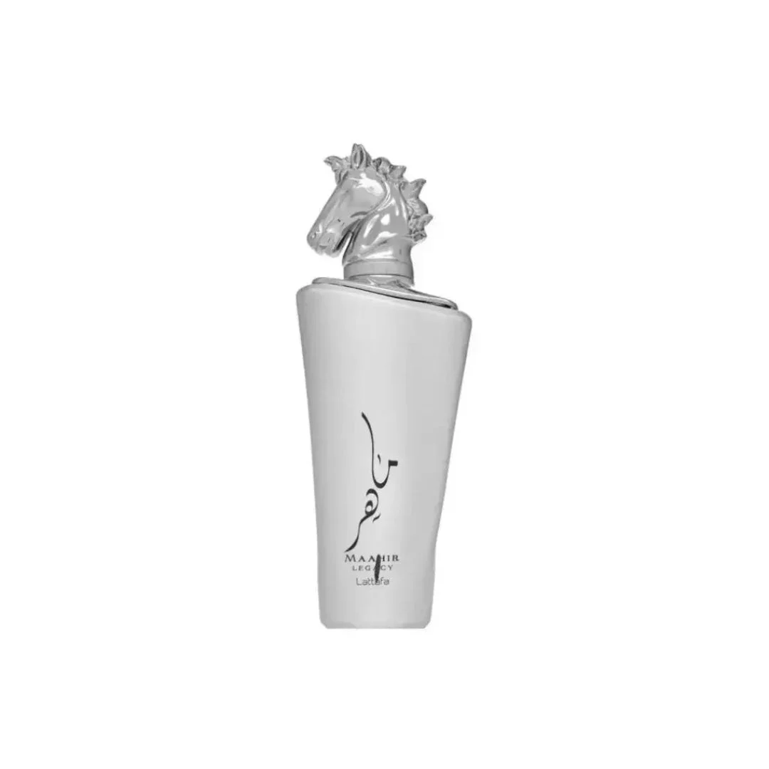 Maahir Legacy Lattafa white elegant silver horse head cologne edp bottle closeup side