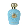 Opulent Dubai Lattafa light blue fragrance elegant gold cap white background closeup