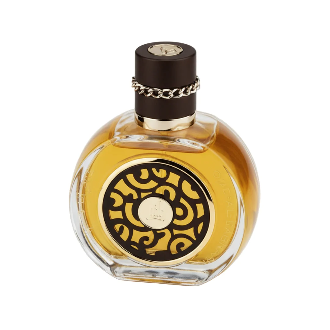 Oud Al Sahraa Lattafa bottle white background closeup side angle front view