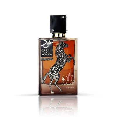 Oud Lail Maleki Lattafa bottle white background closeup straight ahead front view