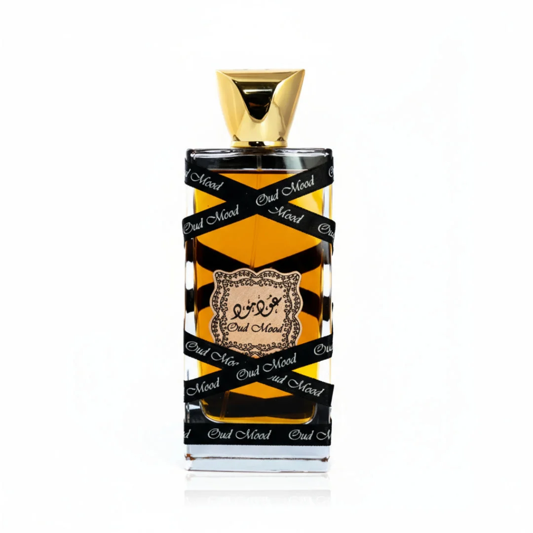 Oud Mood Lattafa bottle white background closeup straight ahead gold cap black
